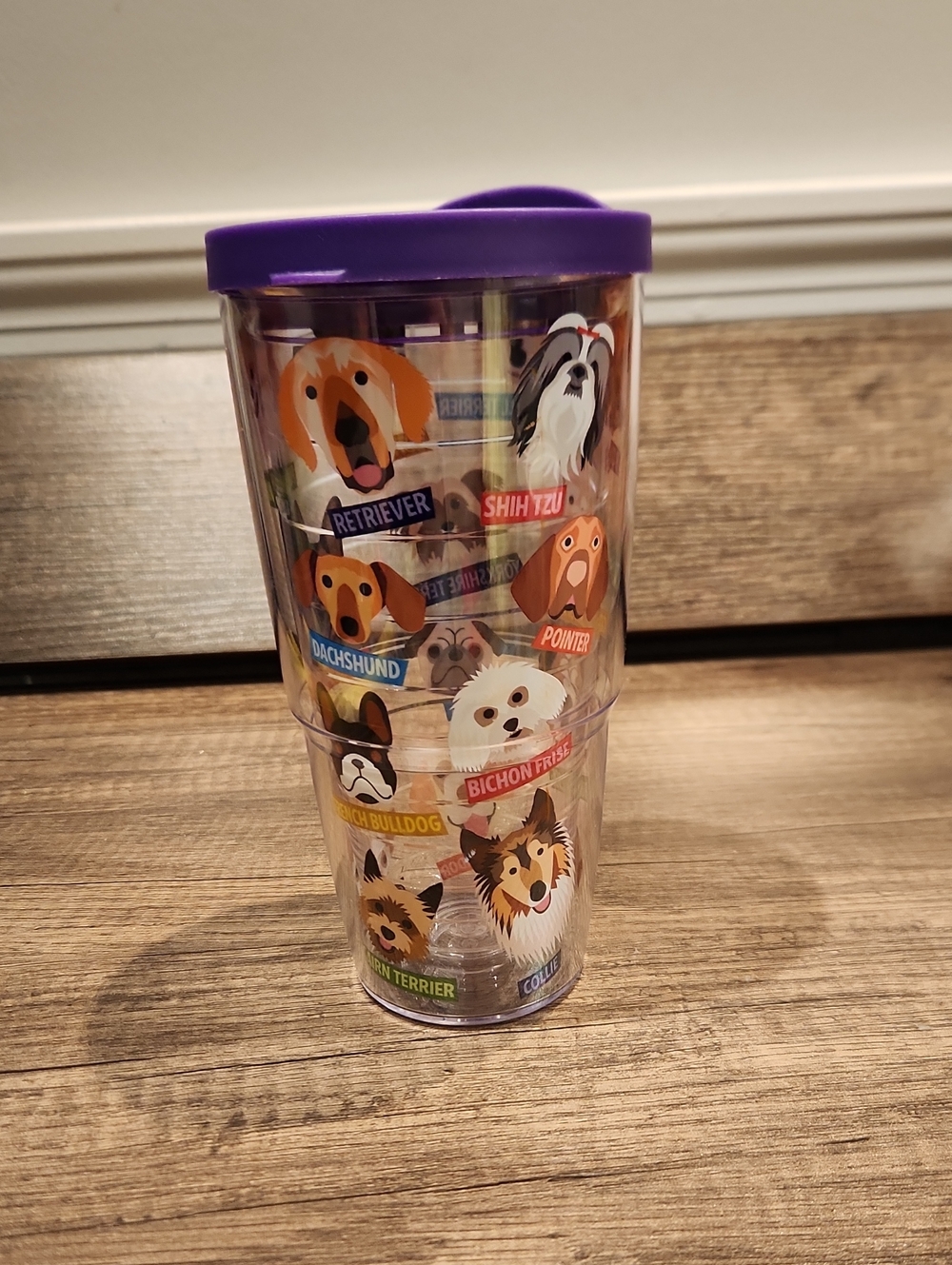 Like New Tervis Clear Travel Tumbler with Purple Lid and Dog Breed Designs 24 Oz